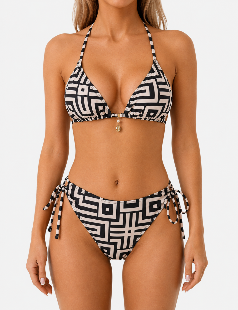 Ladies Color Block Geometric Halter Triangle 2 Piece Bikini Set