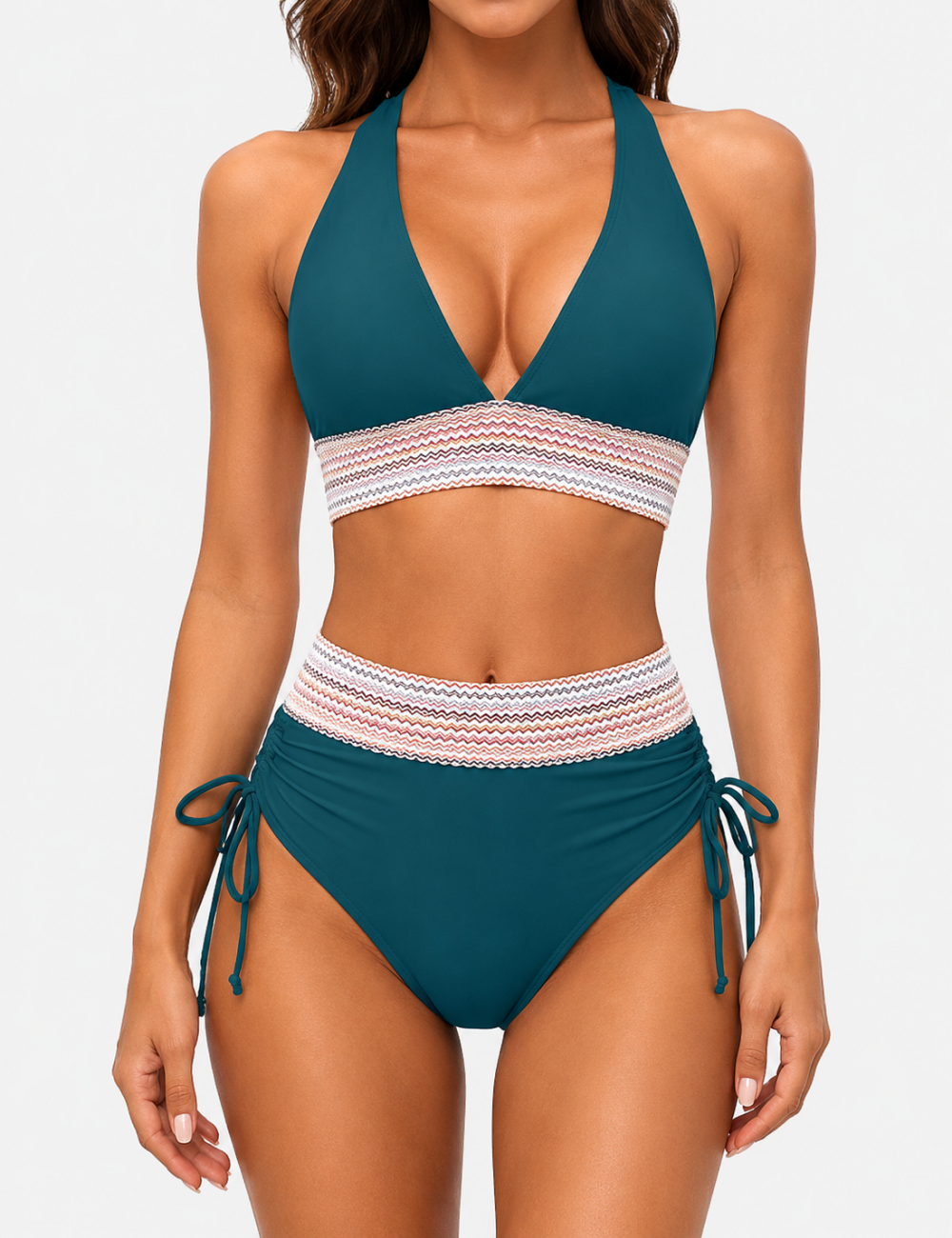 Ladies Deep V-Neck Colorful Zigzag Smocked Trim Bikini Set