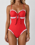 Ladies Polka Dot Sweetheart Neck Ruffle One Piece Swimsuit