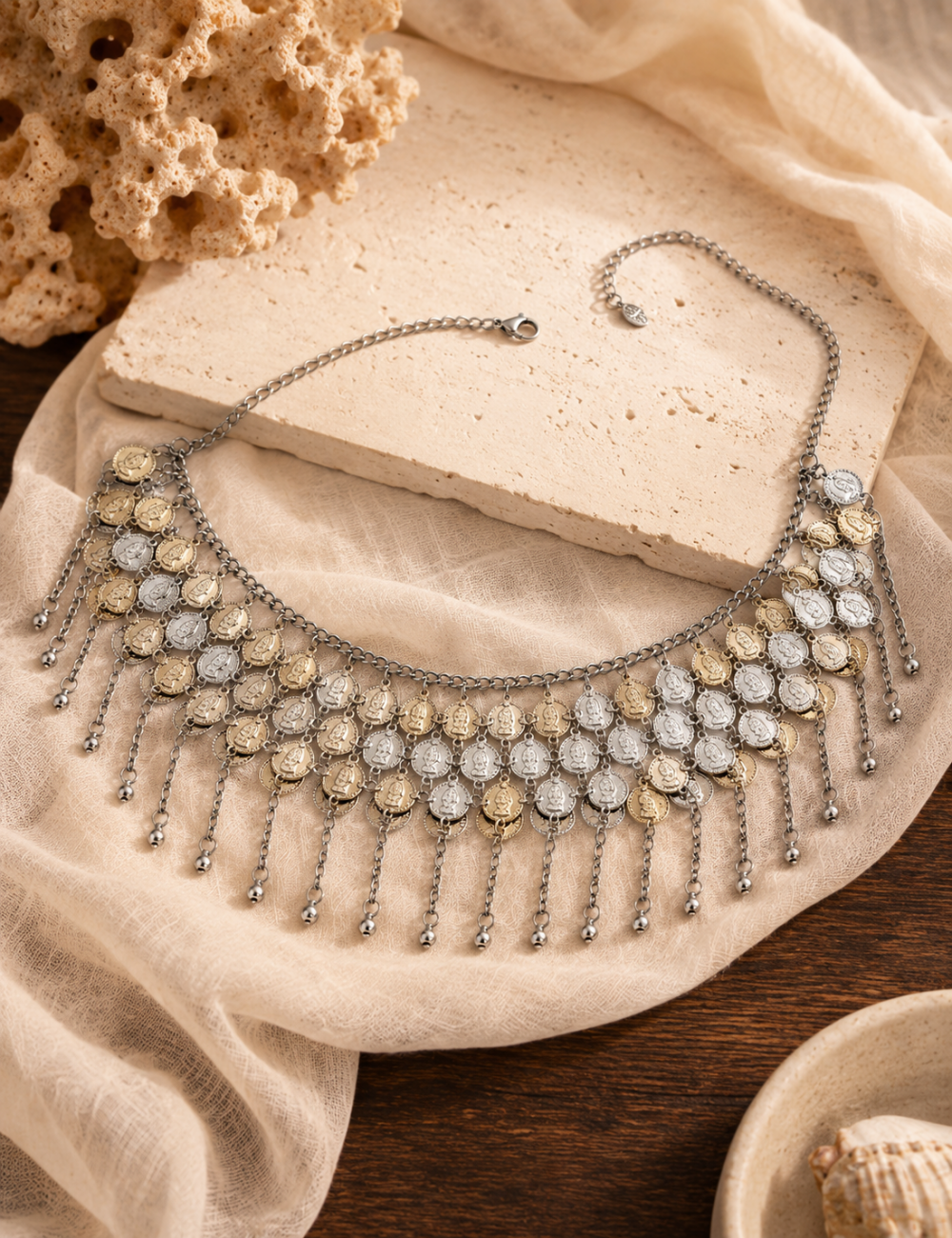 Ladies Coin Chain Waist Belt with Tassel Detail