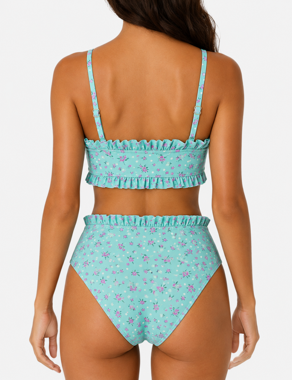 Ladies Floral Print Lace Trim Front Bow Design Bikini Set