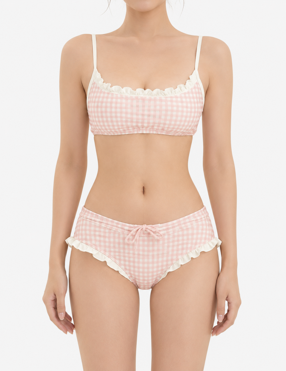 Ladies Pink Gingham Ruffled Cami Top 2 Piece Bikini Set