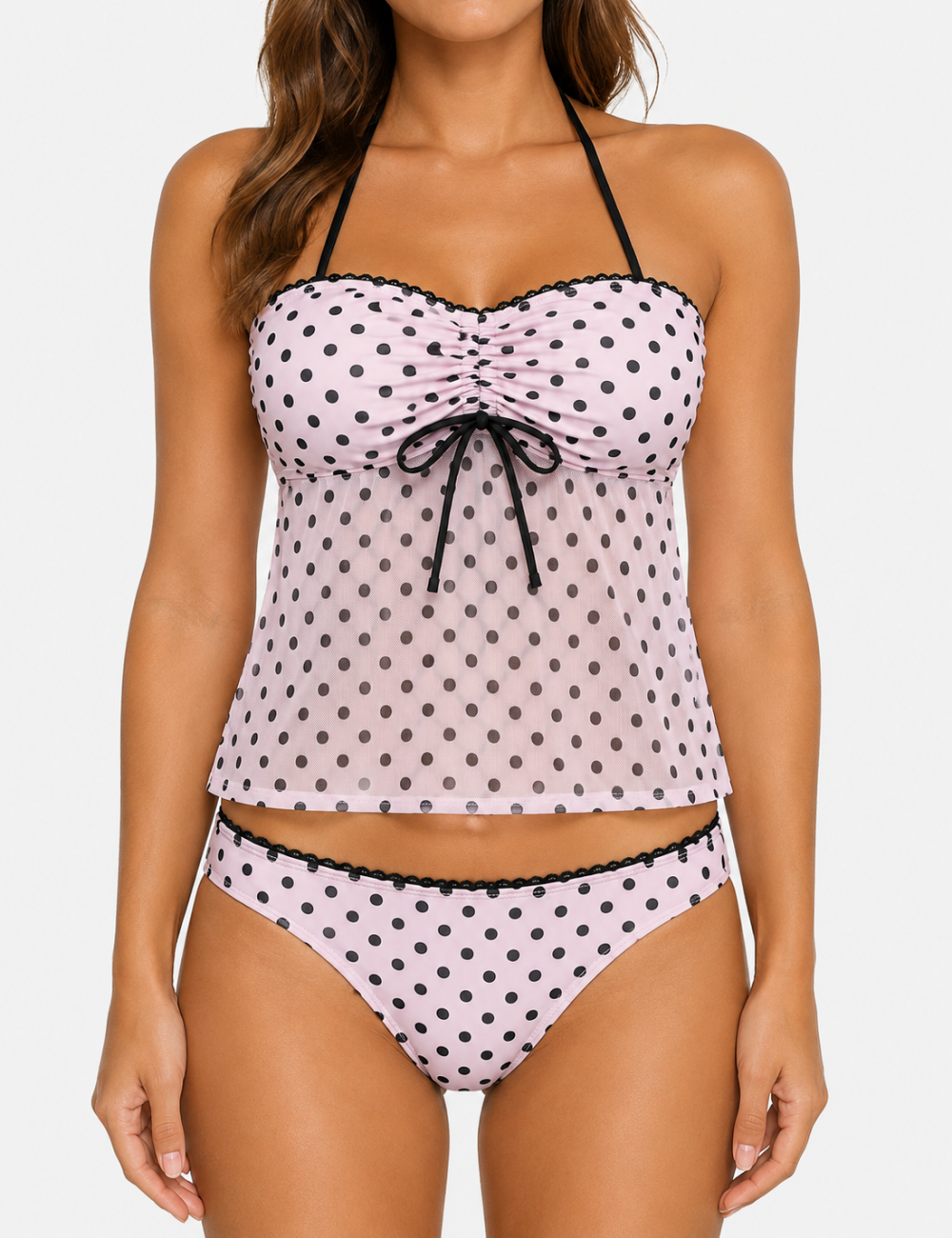 Ladies Pink Polka Dot Print Mesh Halter Tankini Set