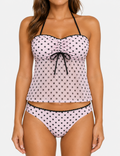 Ladies Pink Polka Dot Print Mesh Halter Tankini Set