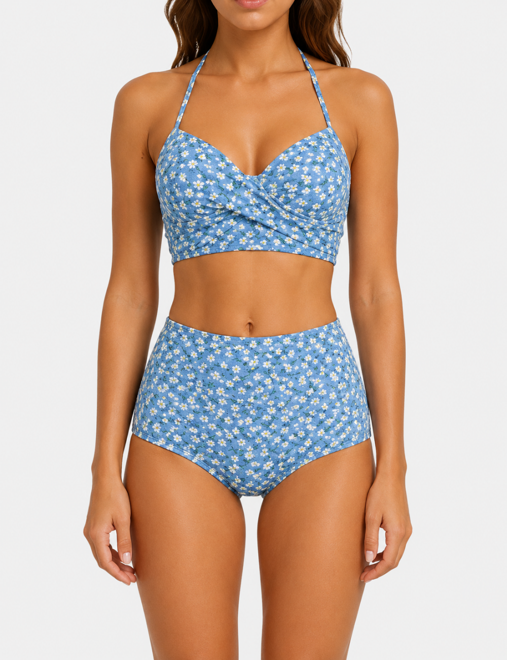 Ladies Daisy Floral Print Halter High Waist Bikini Set