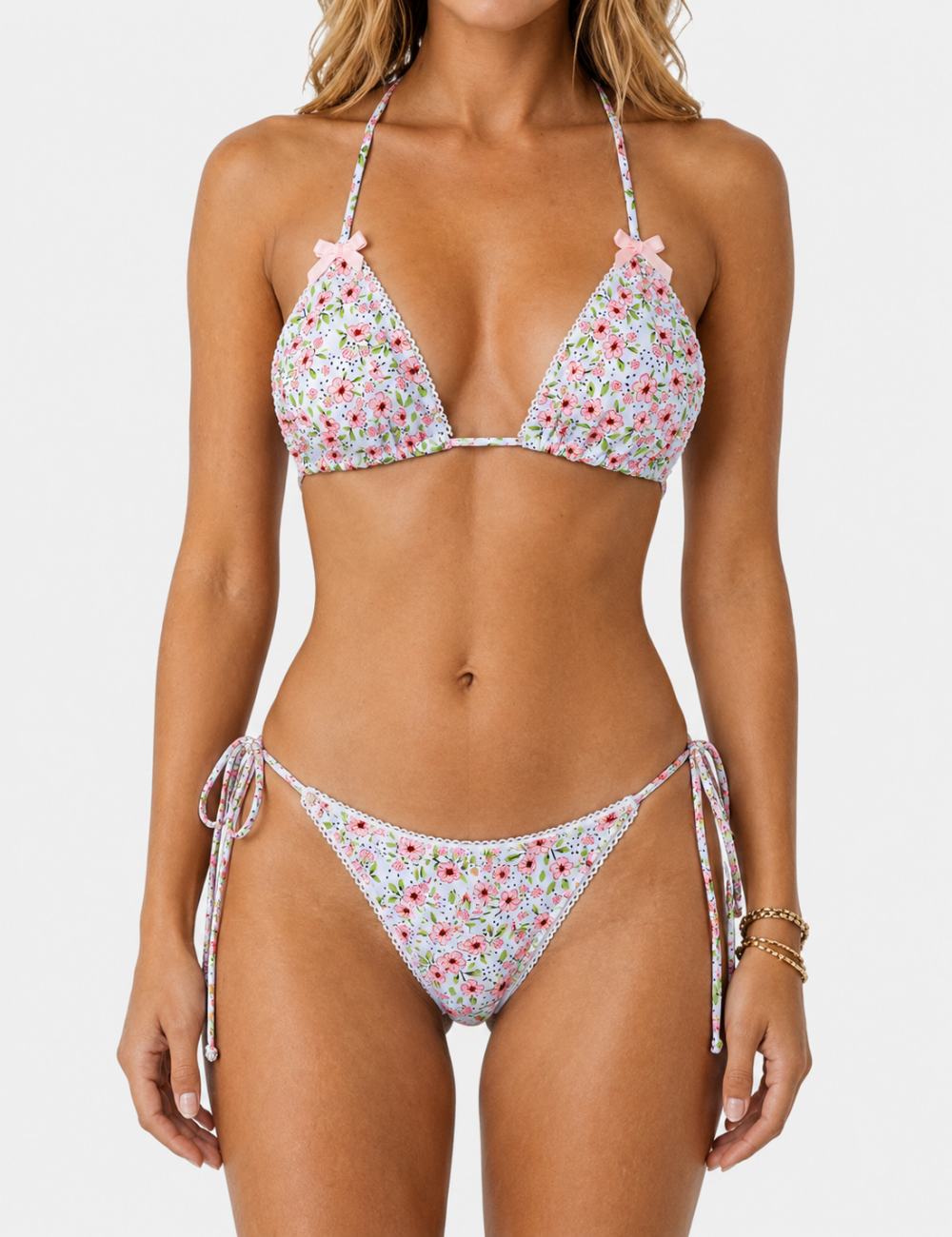 Ladies Floral Print Halter Scalloped Trim Triangle Bikini Set