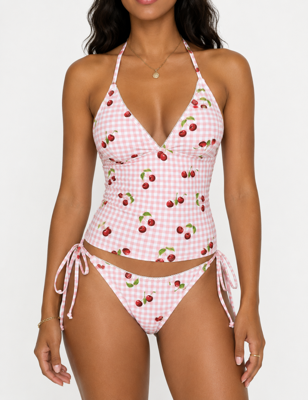 Ladies Gingham Cheery Halter V-Neck Tankini Set