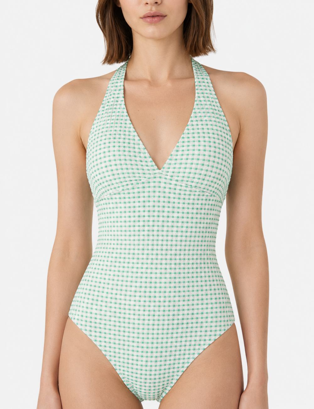 Ladies Simple Plaid Halter V-Neck One Piece Swimsuit