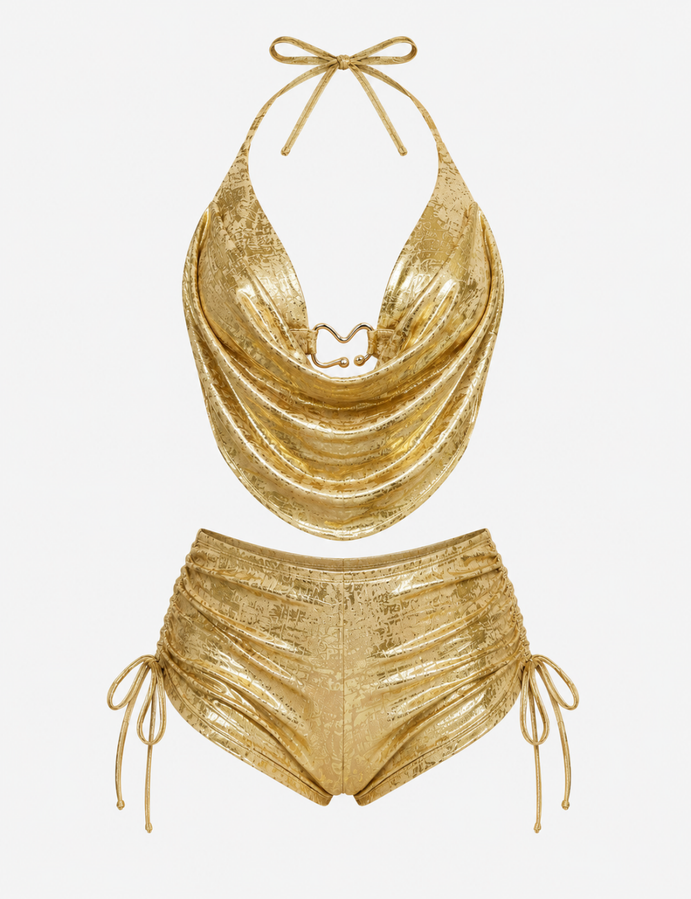 Ladie Irregular Gold Buckle Halter Cowl Neck Bikini Set