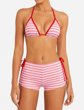 Ladies Striped Halter Triangle Bikini Set with Cover-Up Shorts
