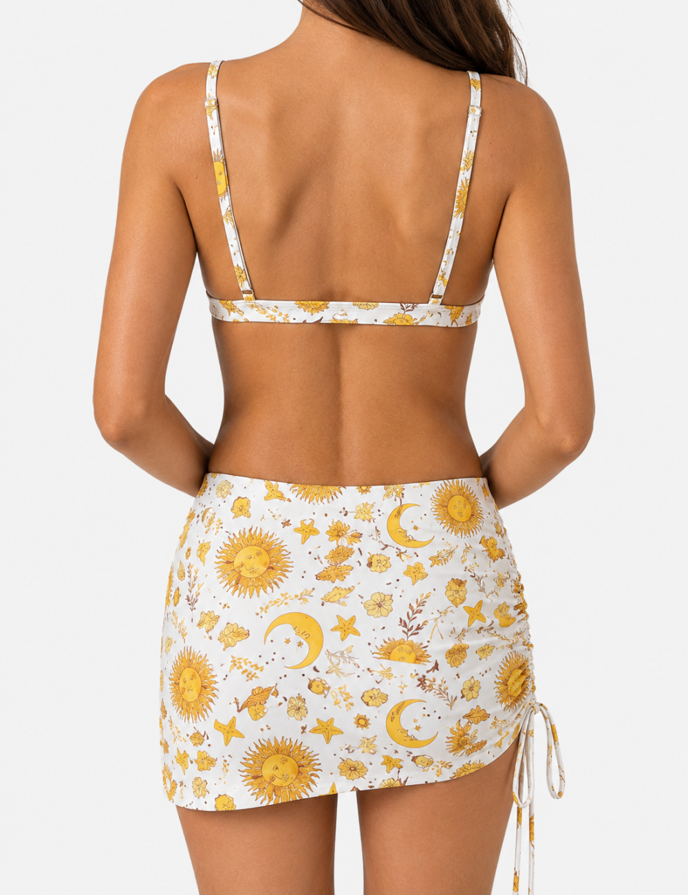 Ladies Sun and Moon Print Halter Bikini Set with Mini Skirt