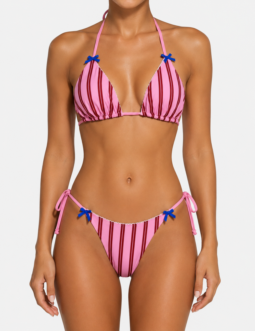 Ladies Vertical Stripe Bow Halter Triangle 2-Piece Bikini Set