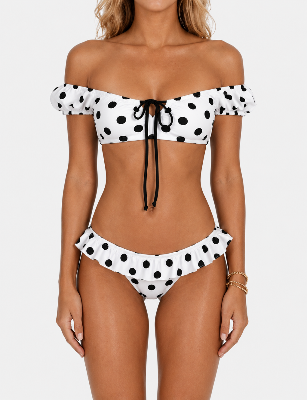 Ladies Polka Dots Print Puffed Short Sleeves Bikini Set
