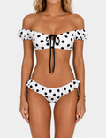 Ladies Polka Dots Print Puffed Short Sleeves Bikini Set
