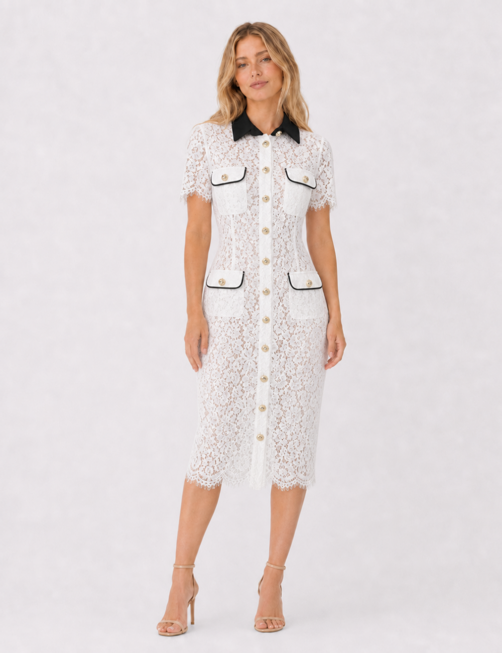 Ladies Chic Shirt Collar Lace Hollow-Out Short Sleeves Mini Dress