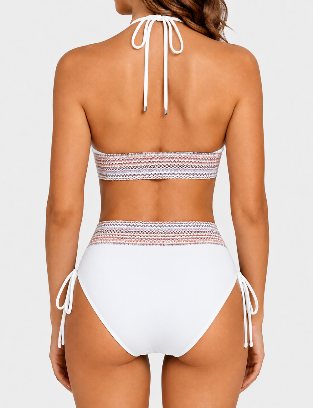Ladies Deep V-Neck Colorful Zigzag Smocked Trim Bikini Set