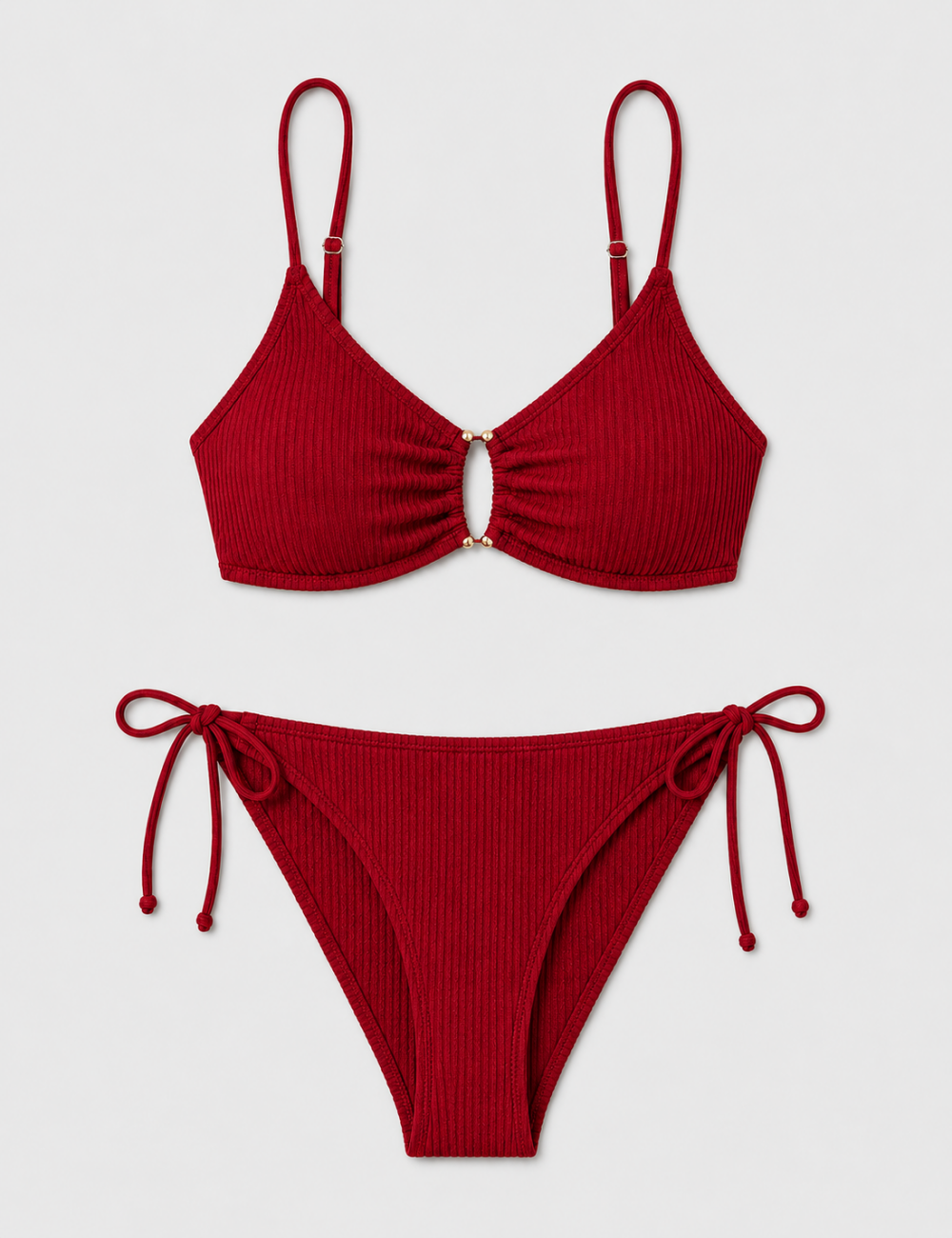 Ladies Multi Color Gold-Tone Metal Accents Triangle Bikini Set
