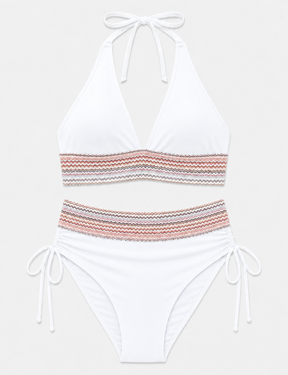 Ladies Deep V-Neck Colorful Zigzag Smocked Trim Bikini Set