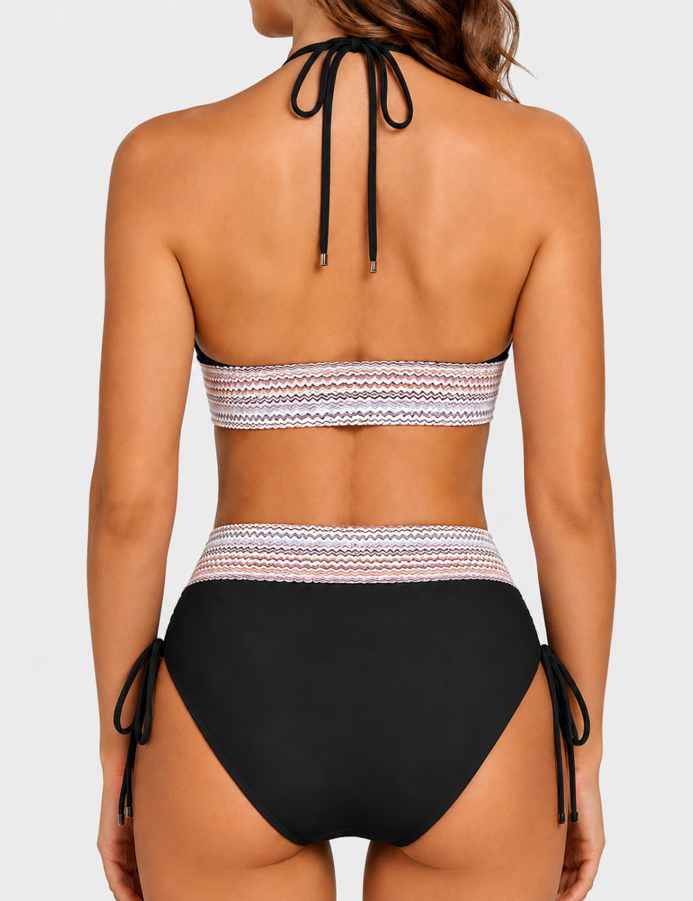 Ladies Deep V-Neck Colorful Zigzag Smocked Trim Bikini Set