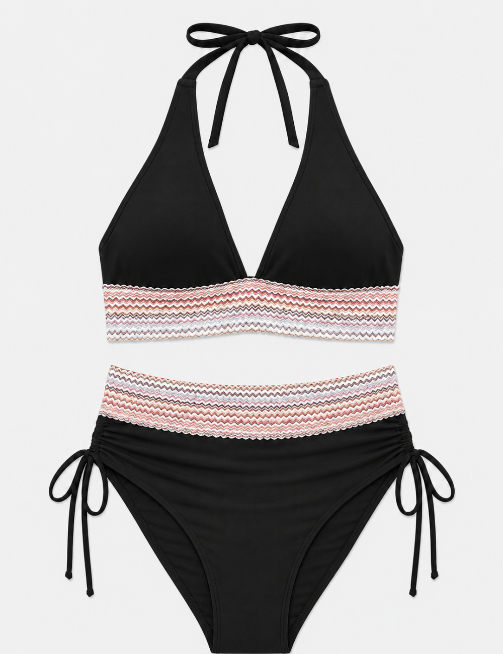 Ladies Deep V-Neck Colorful Zigzag Smocked Trim Bikini Set