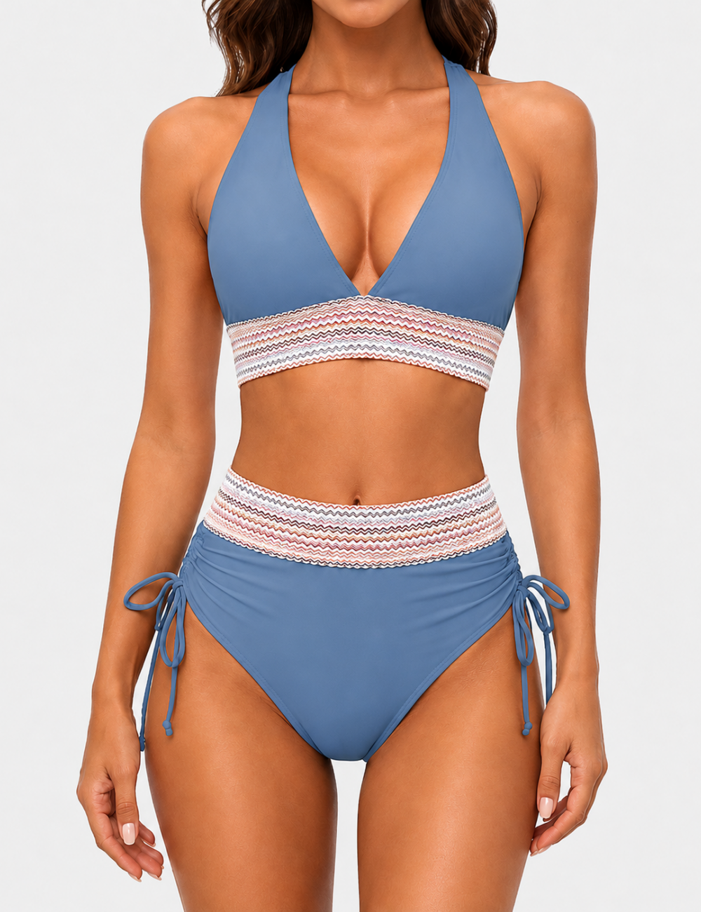 Ladies Deep V-Neck Colorful Zigzag Smocked Trim Bikini Set