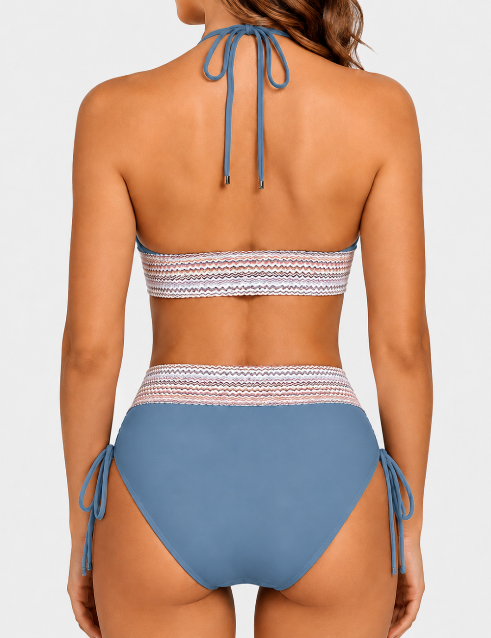 Ladies Deep V-Neck Colorful Zigzag Smocked Trim Bikini Set
