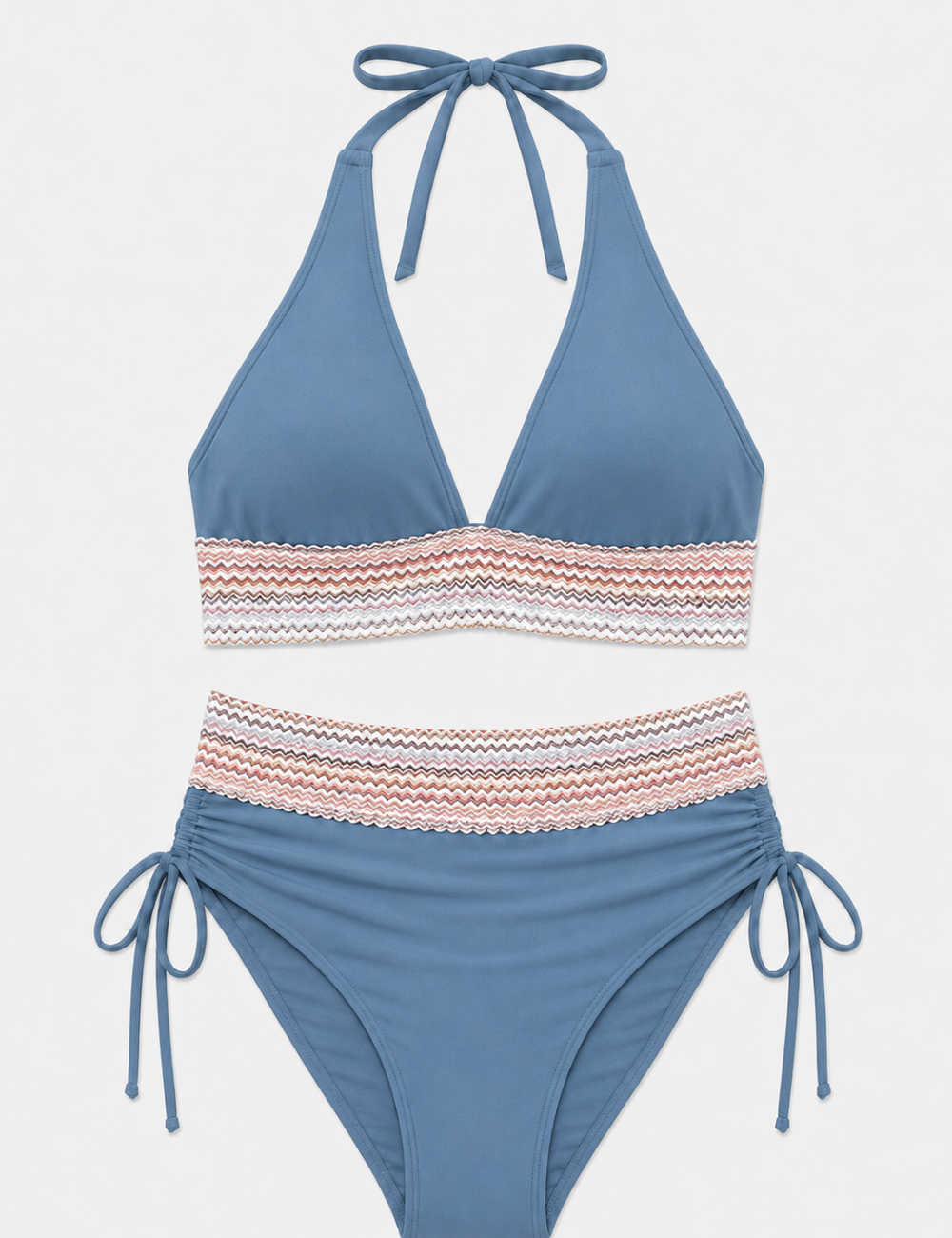 Ladies Deep V-Neck Colorful Zigzag Smocked Trim Bikini Set