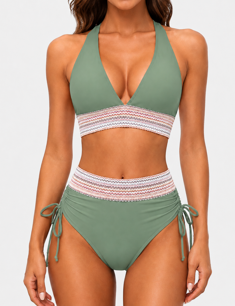 Ladies Deep V-Neck Colorful Zigzag Smocked Trim Bikini Set