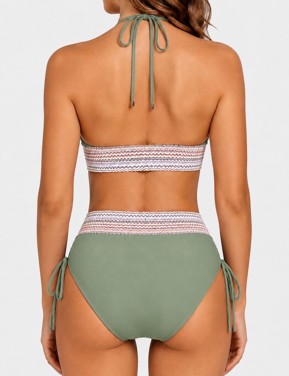 Ladies Deep V-Neck Colorful Zigzag Smocked Trim Bikini Set