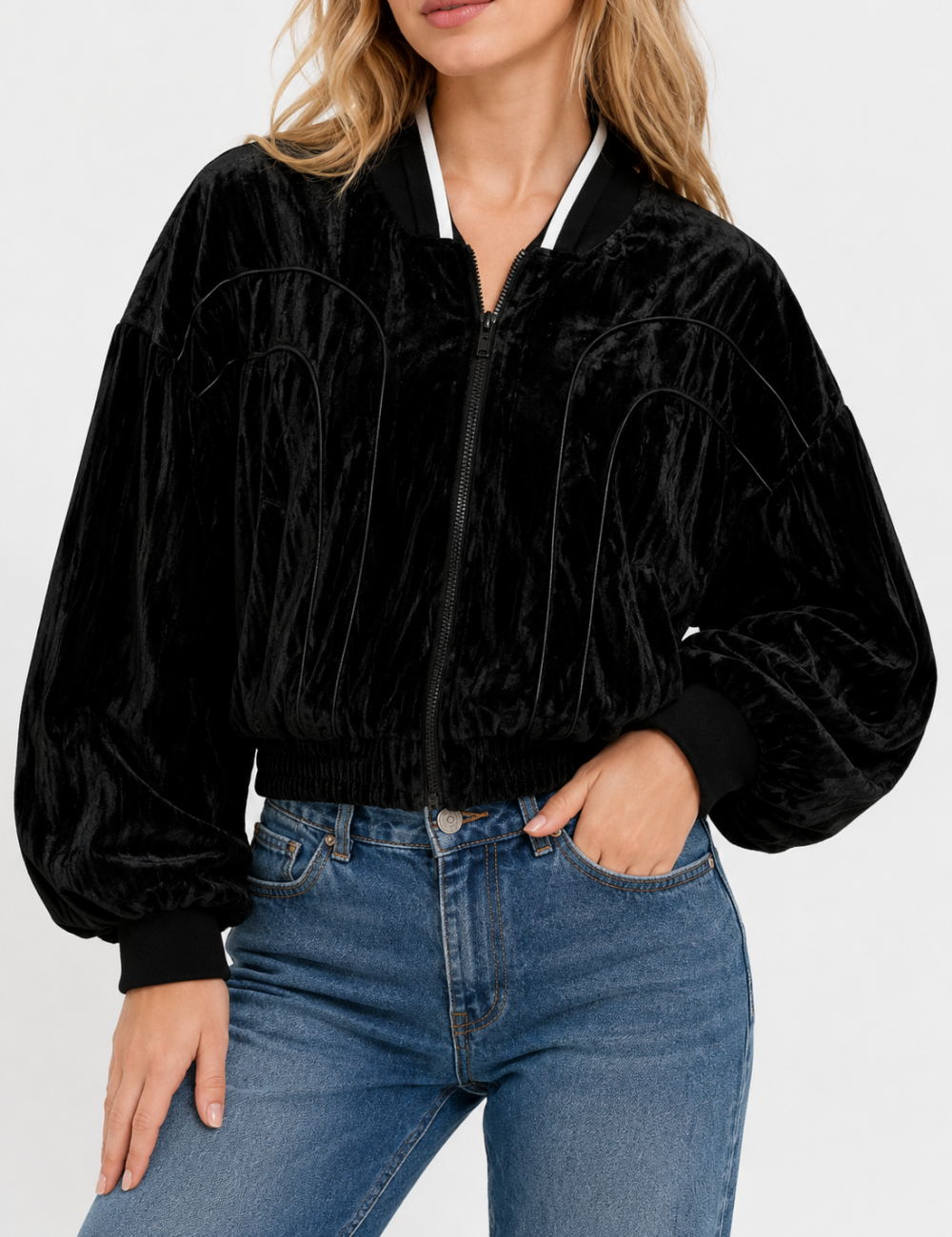 Ladies Black Stand Collar Velvet Jacket