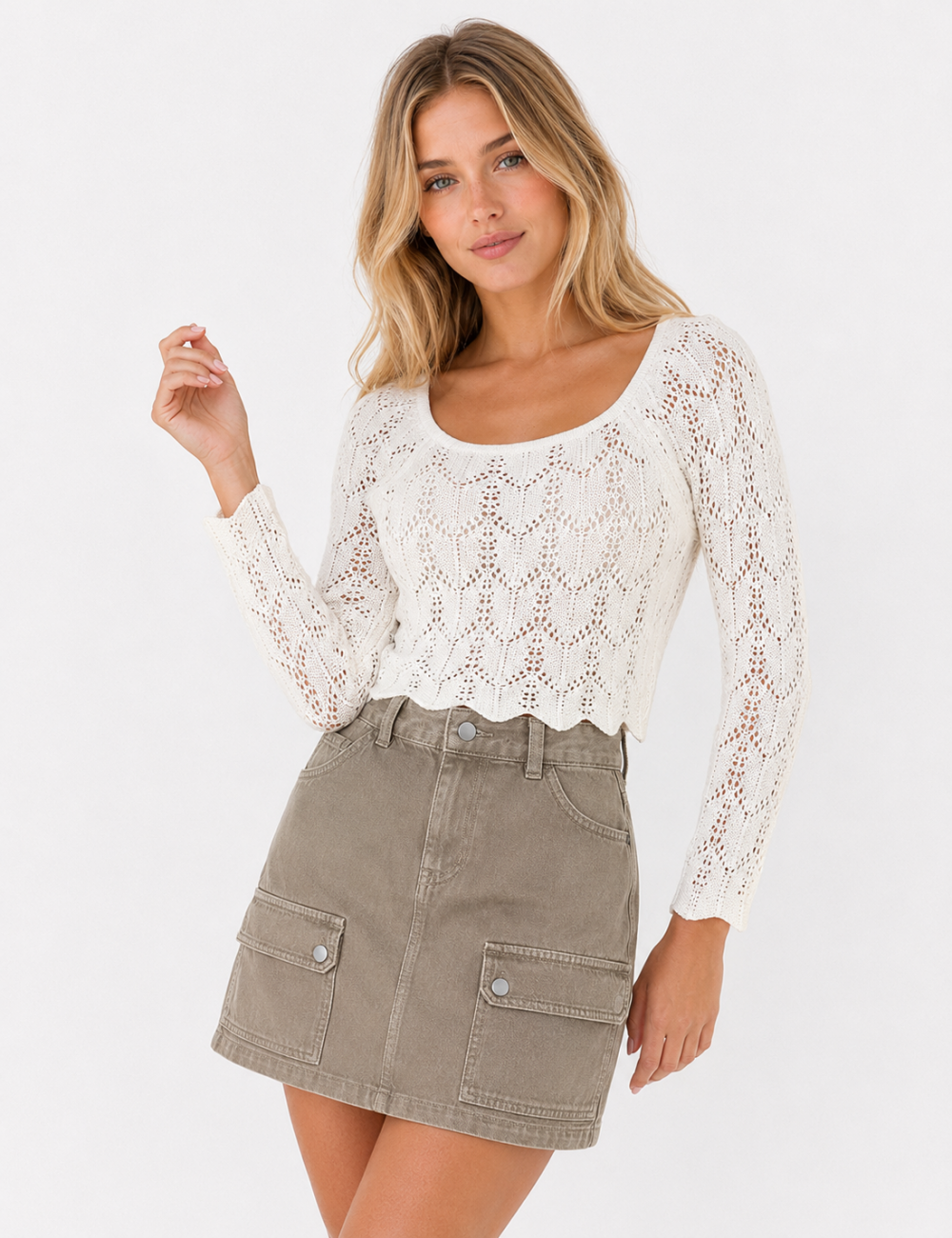 Ladies U-Neck Hollow Out Scallop Hem Crochet Cover Up