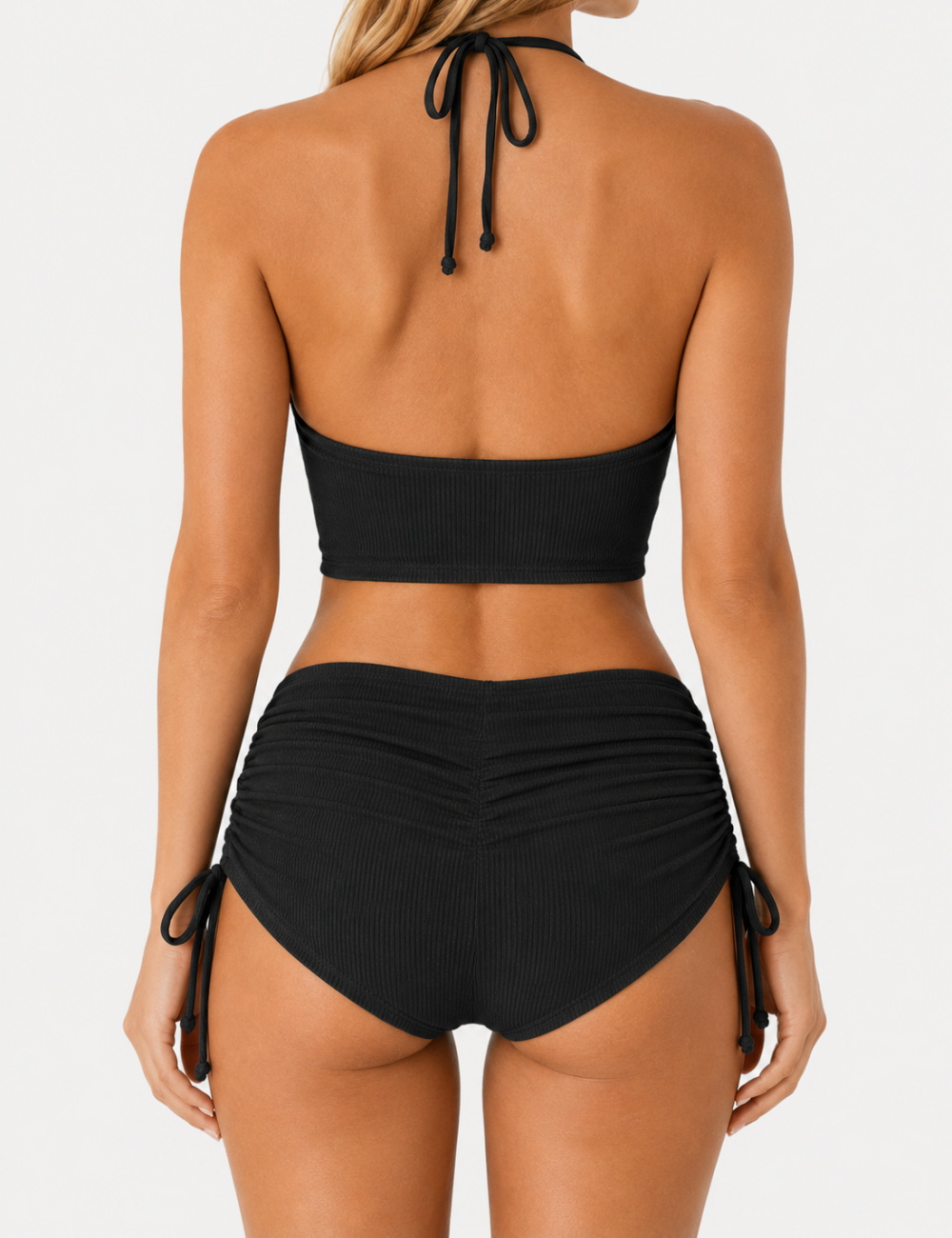 Ladies Openwork Design Drawstring Waist Halter Bikini Set