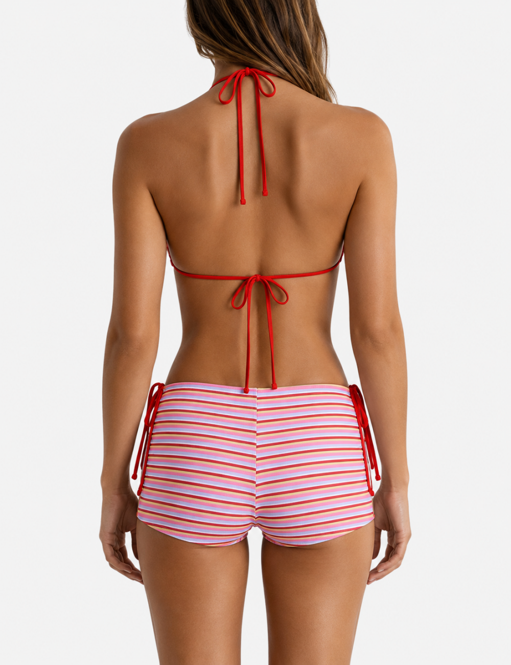 Ladies Striped Halter Triangle Bikini Set with Cover-Up Shorts