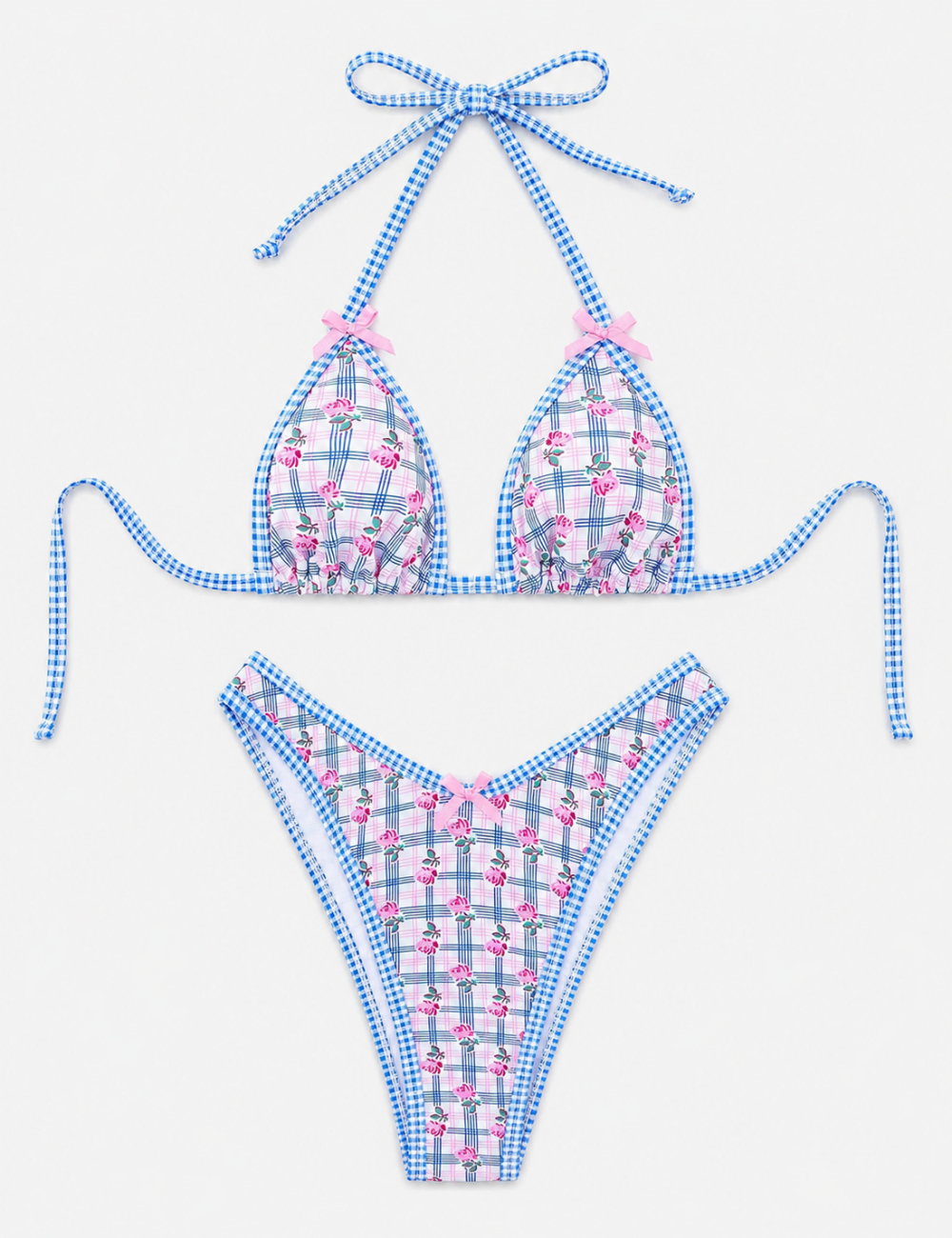 Ladies Multicolor Floral Plaid Halter Triangle Bikini Set