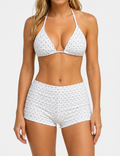 Ladies Polka Dots Print Ruffled Smocked Triangle Halter Bikini Set