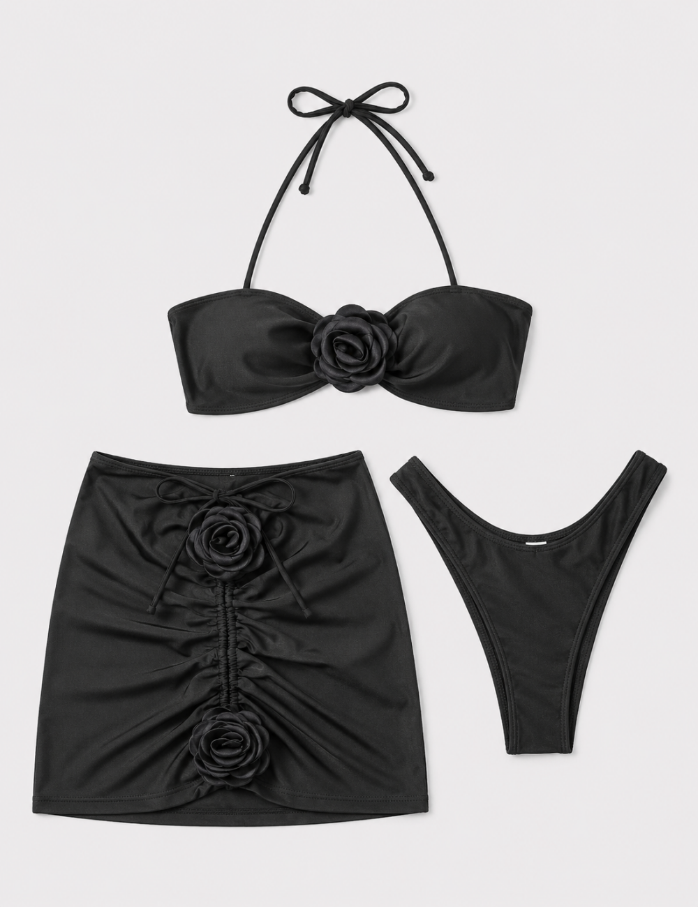 Ladies 3D Flower Design Halter Bikini Set with Mini Skirt