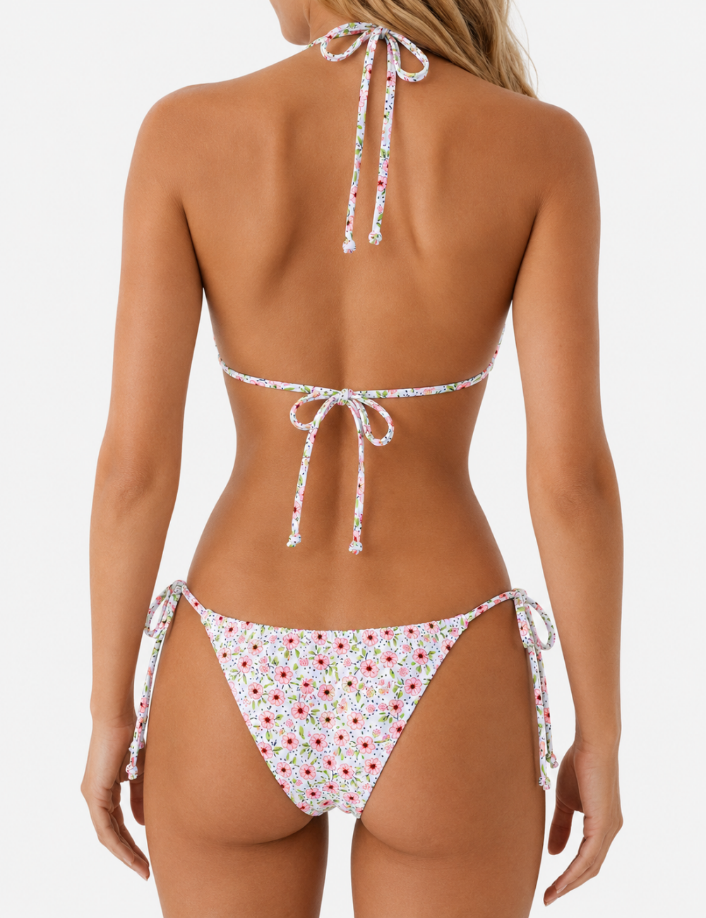 Ladies Floral Print Halter Scalloped Trim Triangle Bikini Set