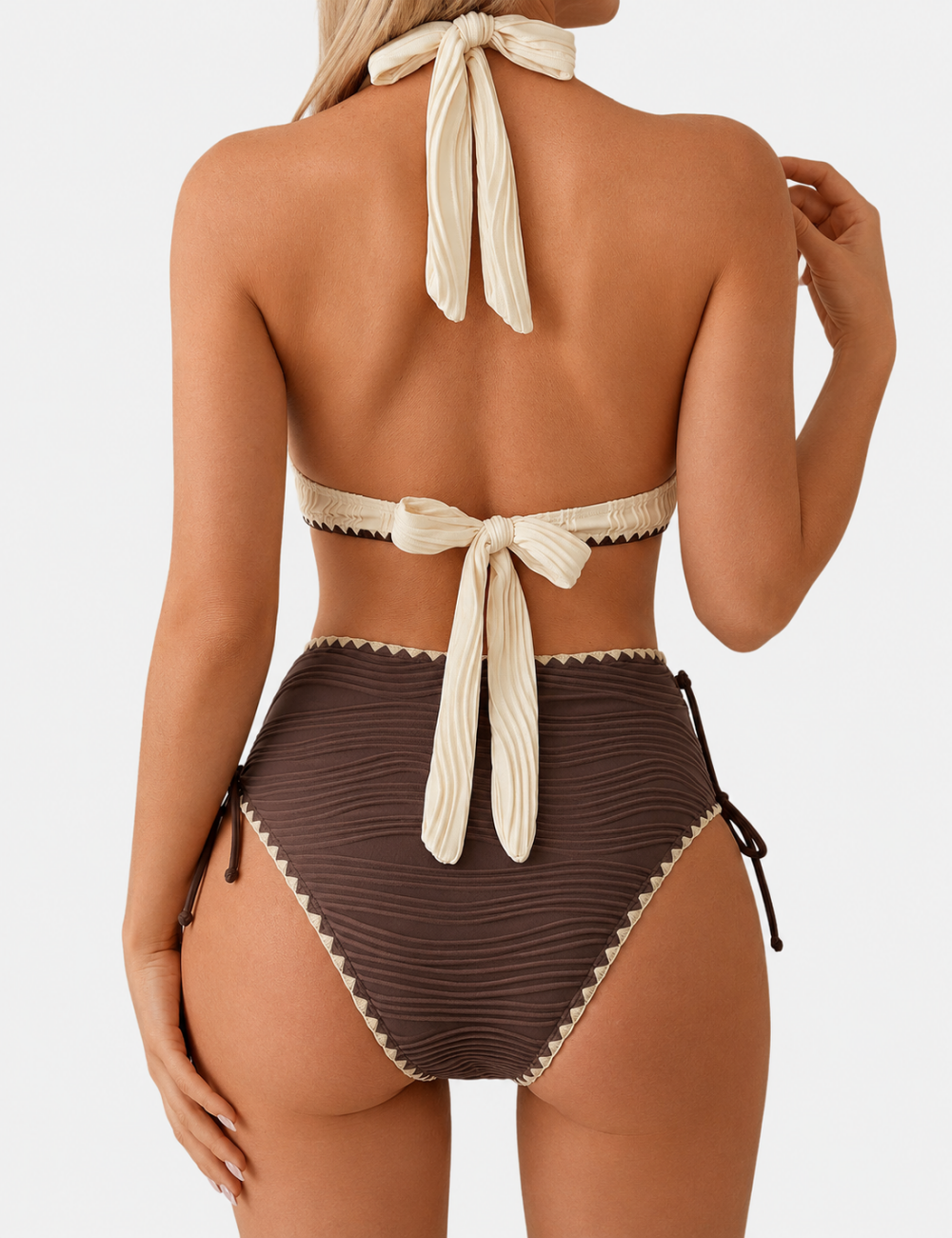 Ladies Color Block Wavy Textured Halter High Waist Bikini Set