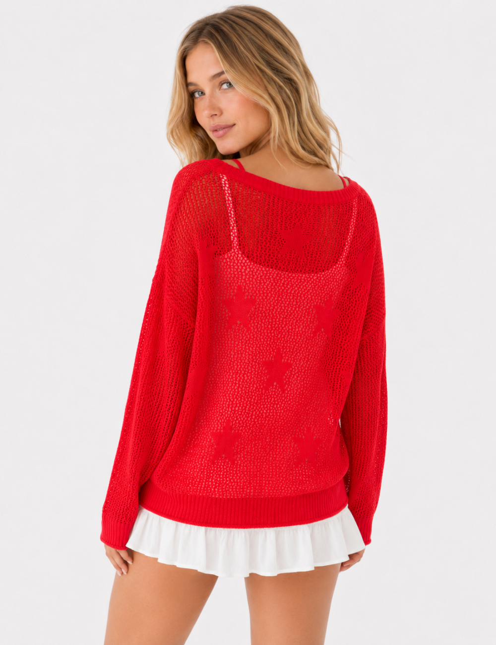 Ladies Star Pattern Mesh Hollow Out Long Sleeve Cover Up