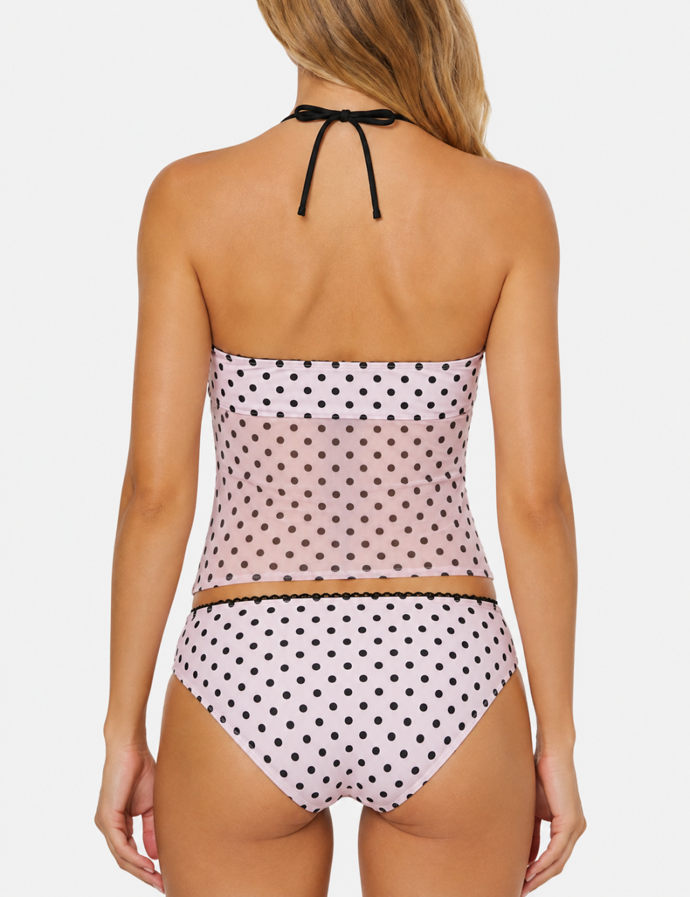 Ladies Pink Polka Dot Print Mesh Halter Tankini Set