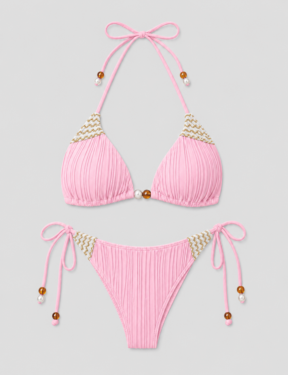 Ladies Ribbed Beaded Halter Triangle 2 Piece Bikini Set