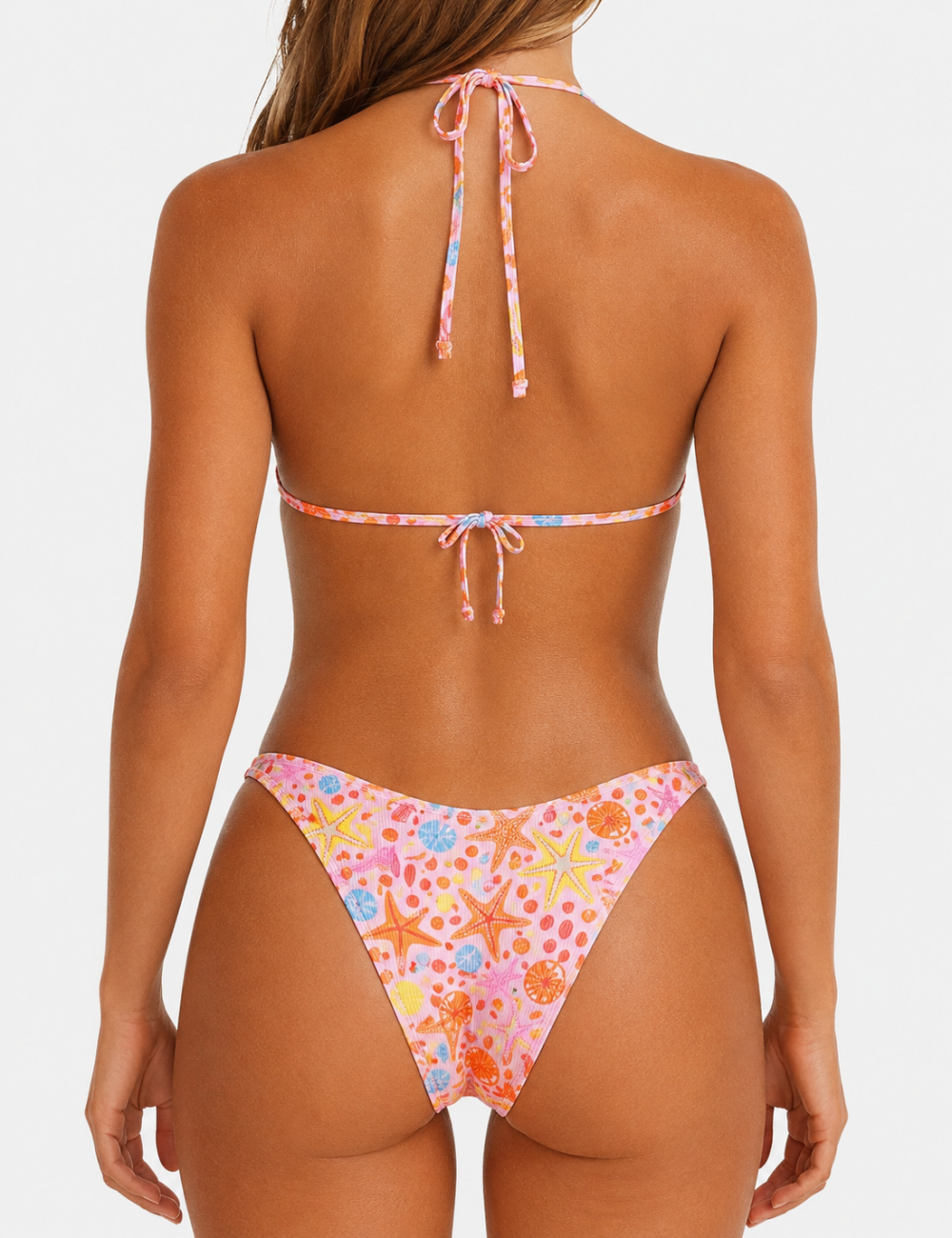 Ladies Multicolor Starfish Print Halter Triangle Bikini Set