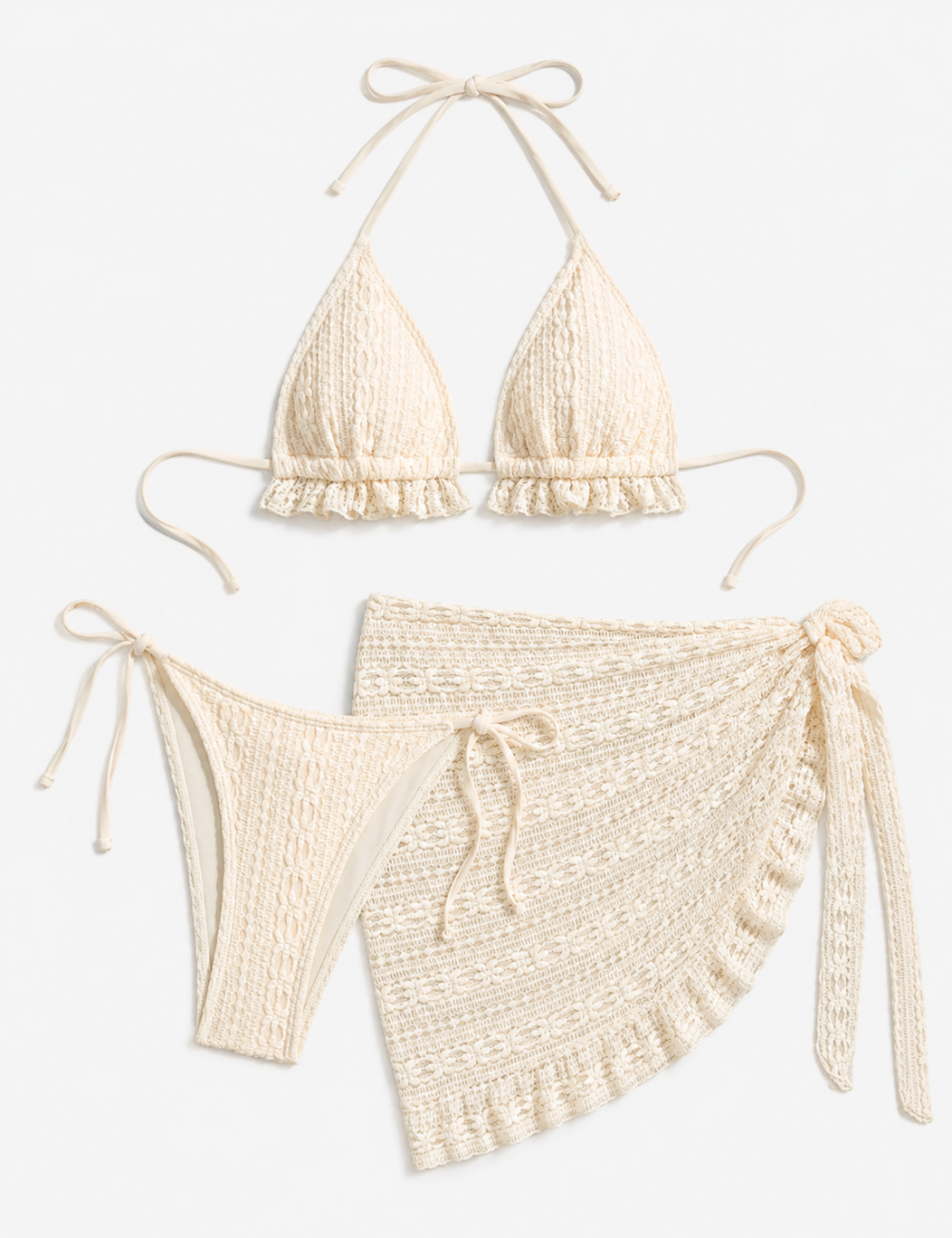 Ladies Solid Color Crochet Triangle Bikini Set with Cover-Up Skirt