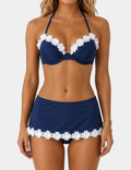 Ladies 3D Flower Design Underwire Bikini Set with Skirt