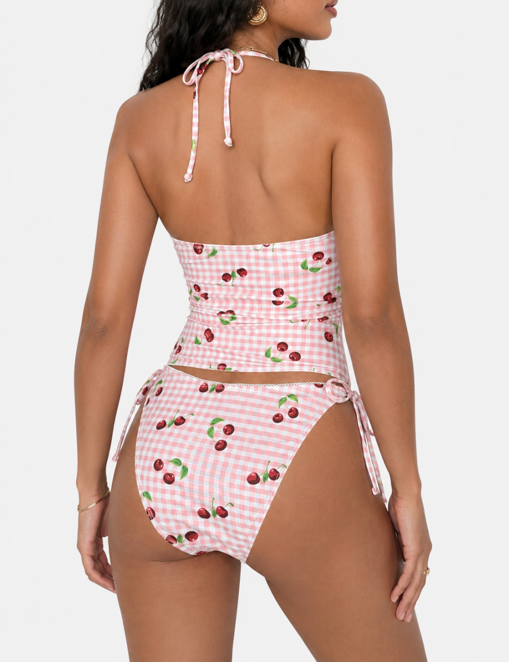 Ladies Gingham Cheery Halter V-Neck Tankini Set