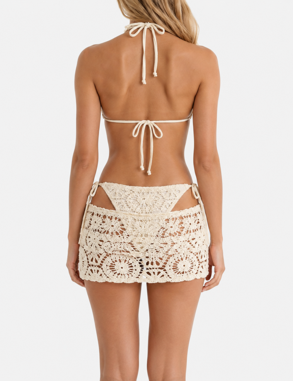 Ladies Halter Crochet Knit with Floral Triangle Bikini Set with Skirt