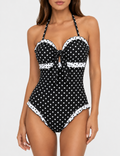 Ladies Polka Dots Print Front Bow Detail One Piece Swimsuit