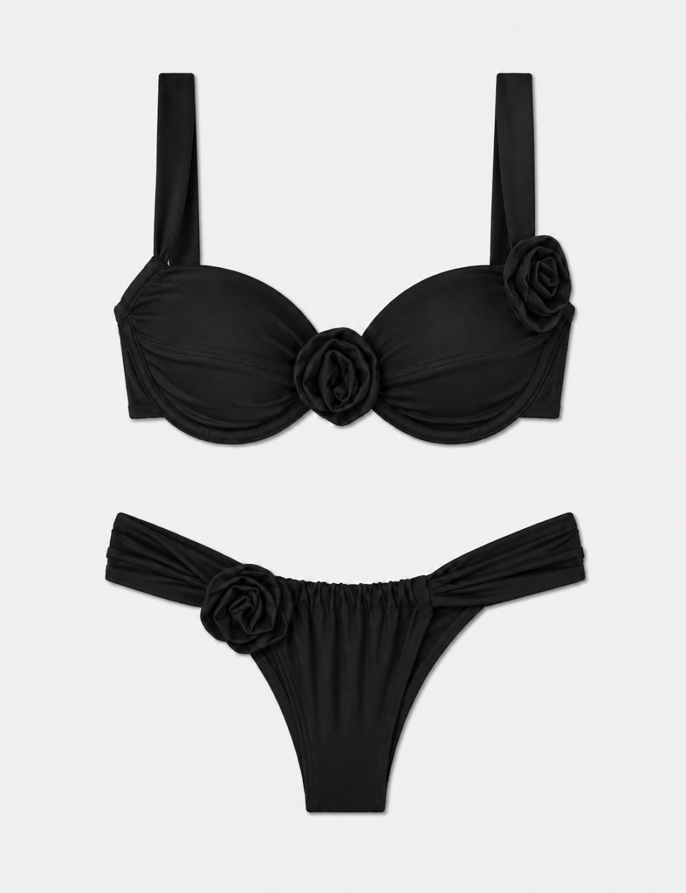 Ladies Front 3D Flower Detail Underwire Balconette Bikini Set
