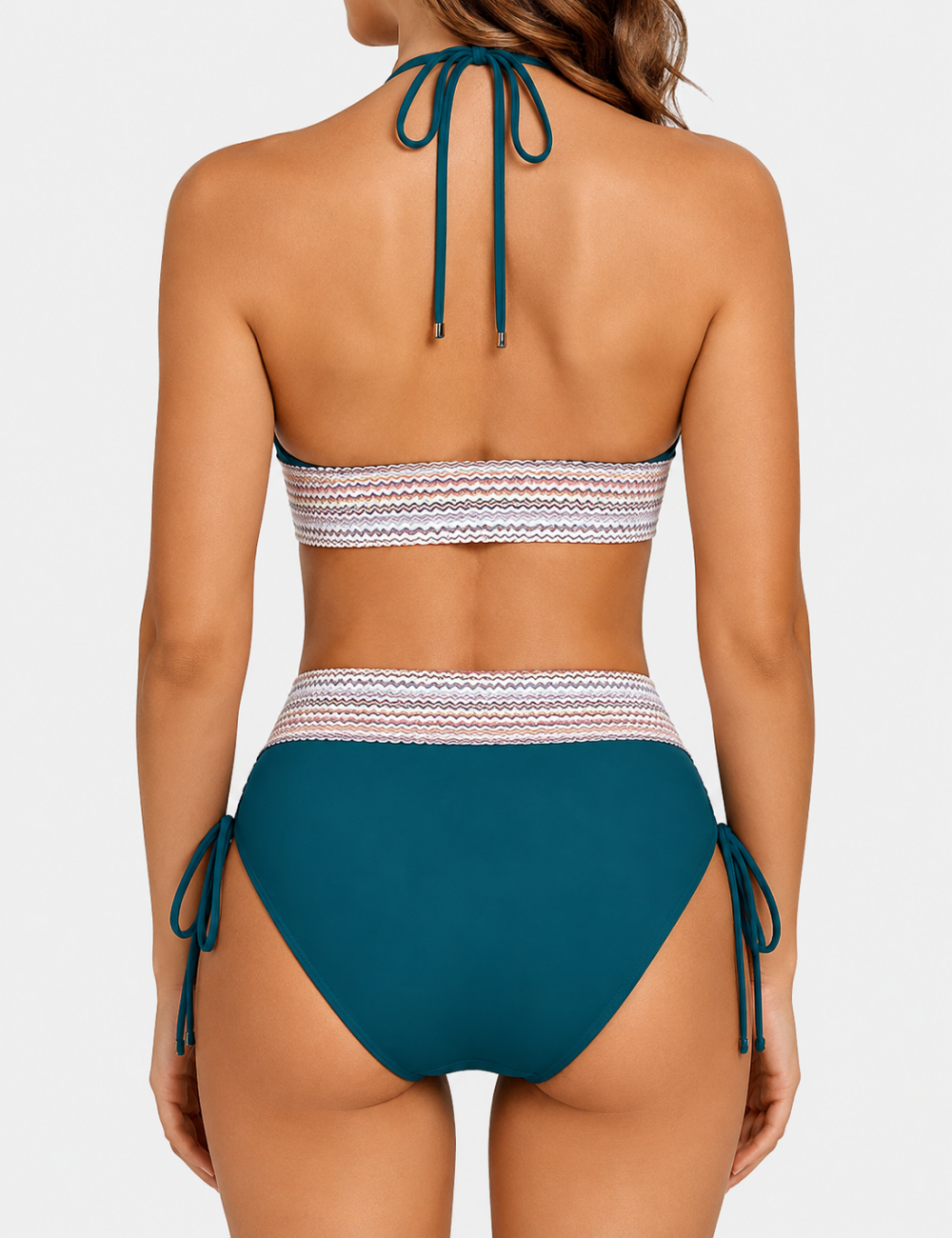 Ladies Deep V-Neck Colorful Zigzag Smocked Trim Bikini Set