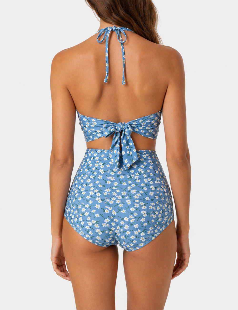 Ladies Daisy Floral Print Halter High Waist Bikini Set